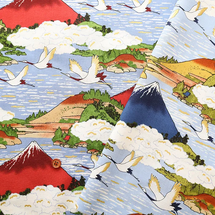 コットンスケアラメプリント生地 鶴と富士