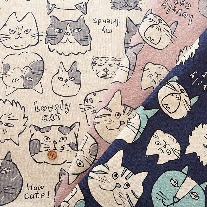 C/Lキャンバスプリント生地 Doodle Animal Cats face